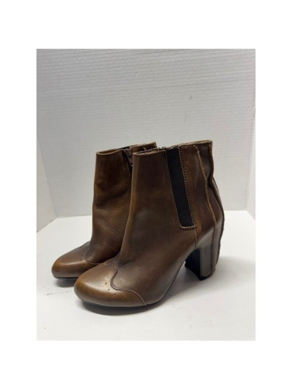 Fly London Brown Leather Paneled Ankle Boots Block Heel Perforated Toe 36 6